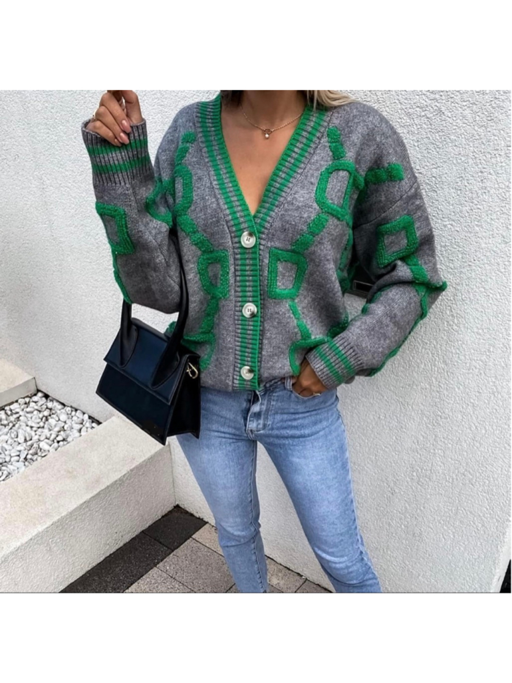 NEW Cardigan Oversized Button Down Long Sleeve Geometric Loose Sweater L - Picture 2 of 8